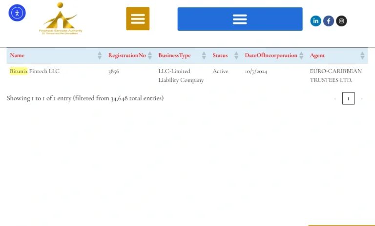 صفحه رسمی جست‌وجوی ثبت شرکت Bitunix Fintech LLC در وب‌سایت FSA سنت وینسنت و گرنادین‌ها